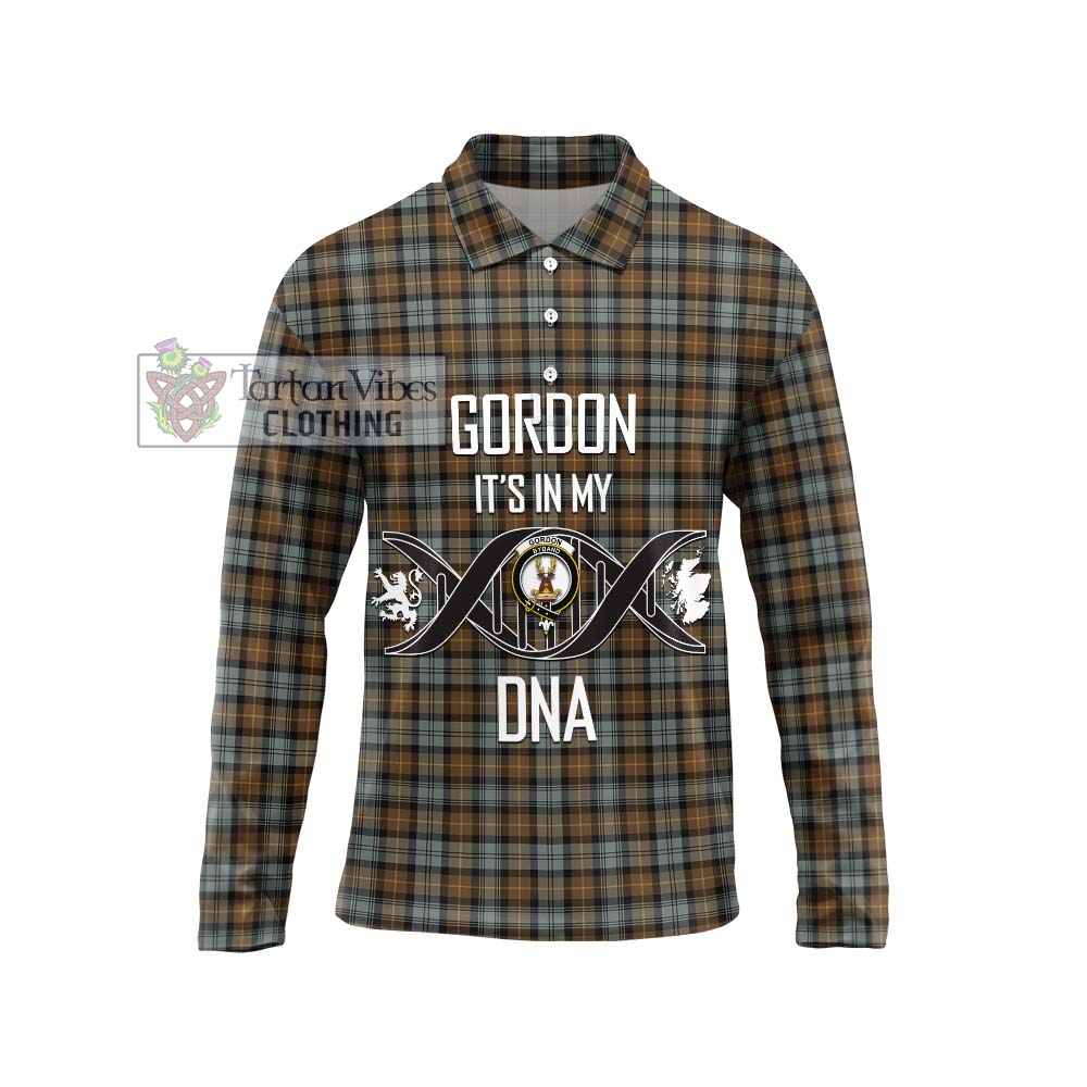 Gordon Weathered Tartan Long Sleeve Polo Shirt with Family Crest DNA In Me Style Unisex - Tartanvibesclothing Shop