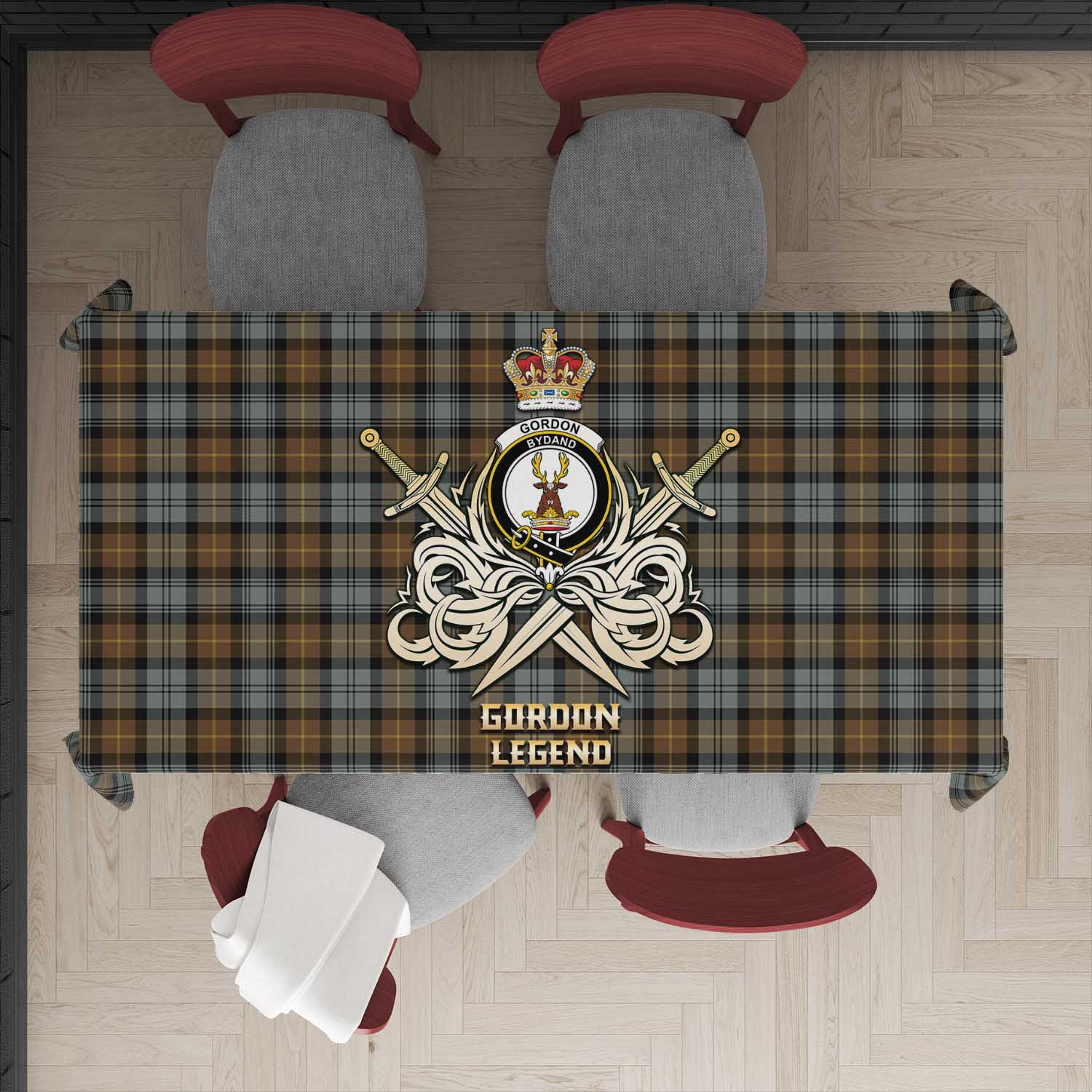 Tartan Vibes Clothing Gordon Weathered Tartan Tablecloth with Clan Crest and the Golden Sword of Courageous Legacy