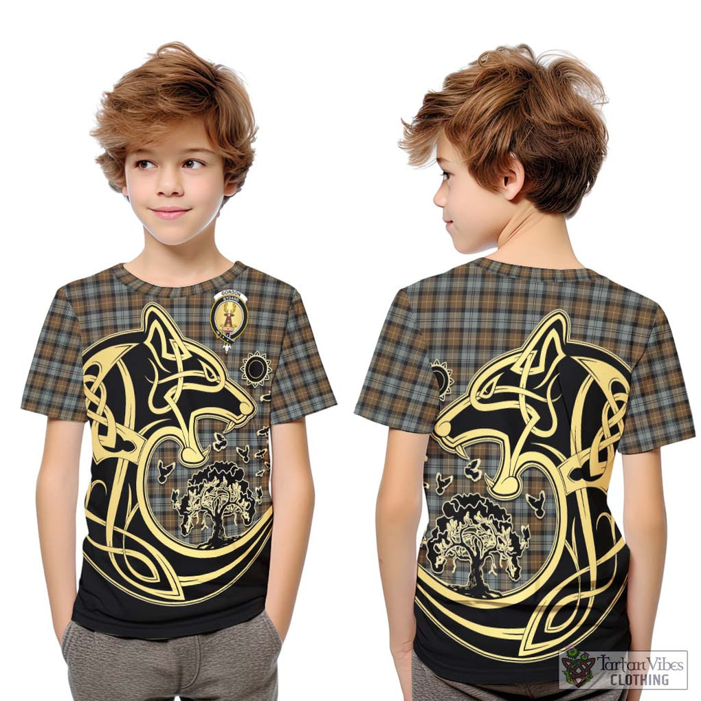 Gordon Weathered Tartan Kid T-Shirt with Family Crest Celtic Wolf Style Youth XL Size14 - Tartan Vibes Clothing