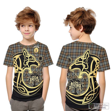 Gordon Weathered Tartan Kid T-Shirt with Family Crest Celtic Wolf Style