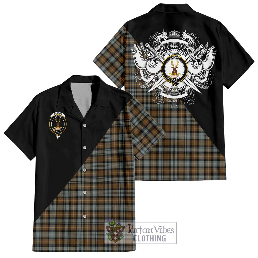 Gordon Weathered Tartan Short Sleeve Button Shirt with Family Crest and Military Logo Style Kid - Tartanvibesclothing Shop