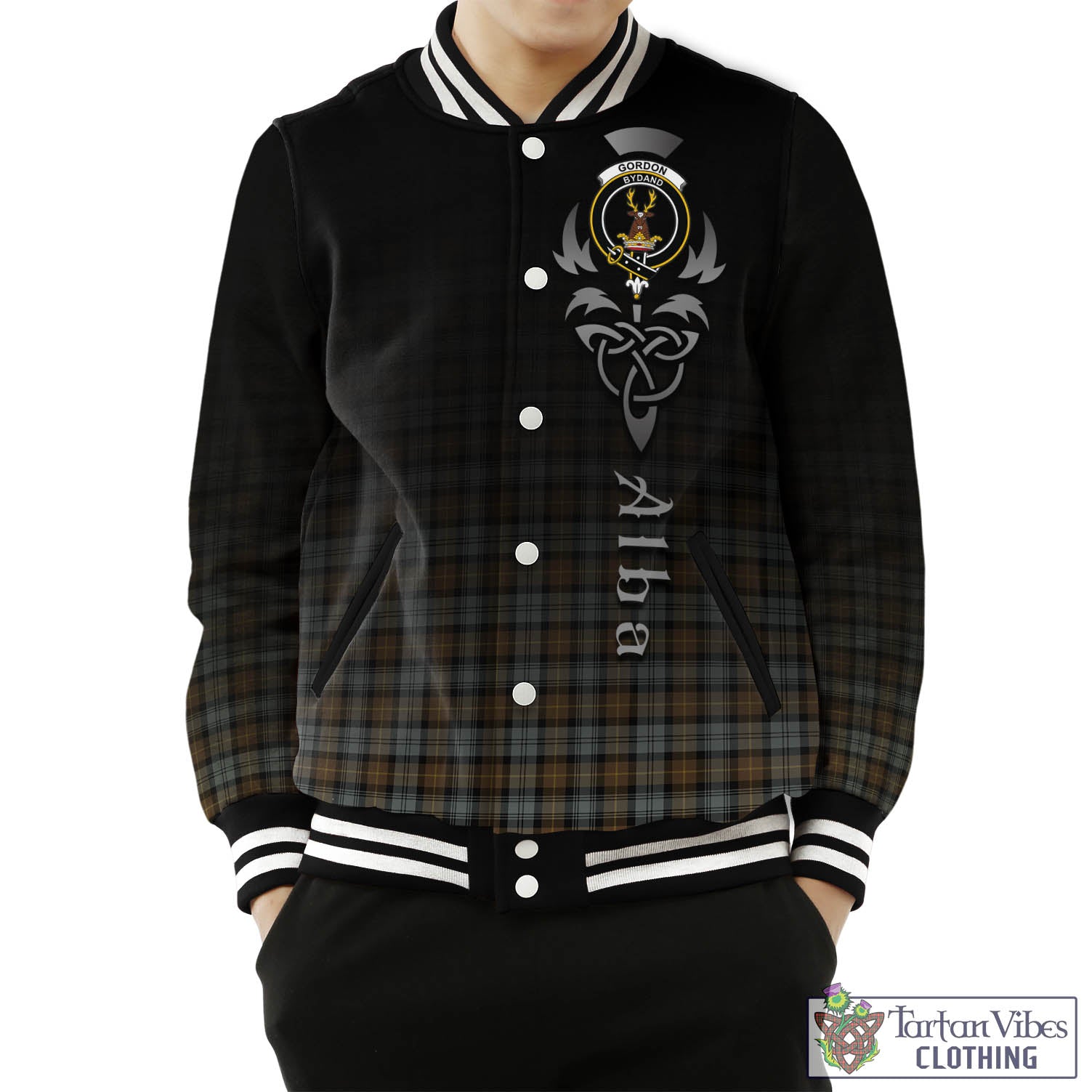 Tartan Vibes Clothing Gordon Weathered Tartan Baseball Jacket Featuring Alba Gu Brath Family Crest Celtic Inspired