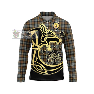 Gordon Weathered Tartan Long Sleeve Polo Shirt with Family Crest Celtic Wolf Style