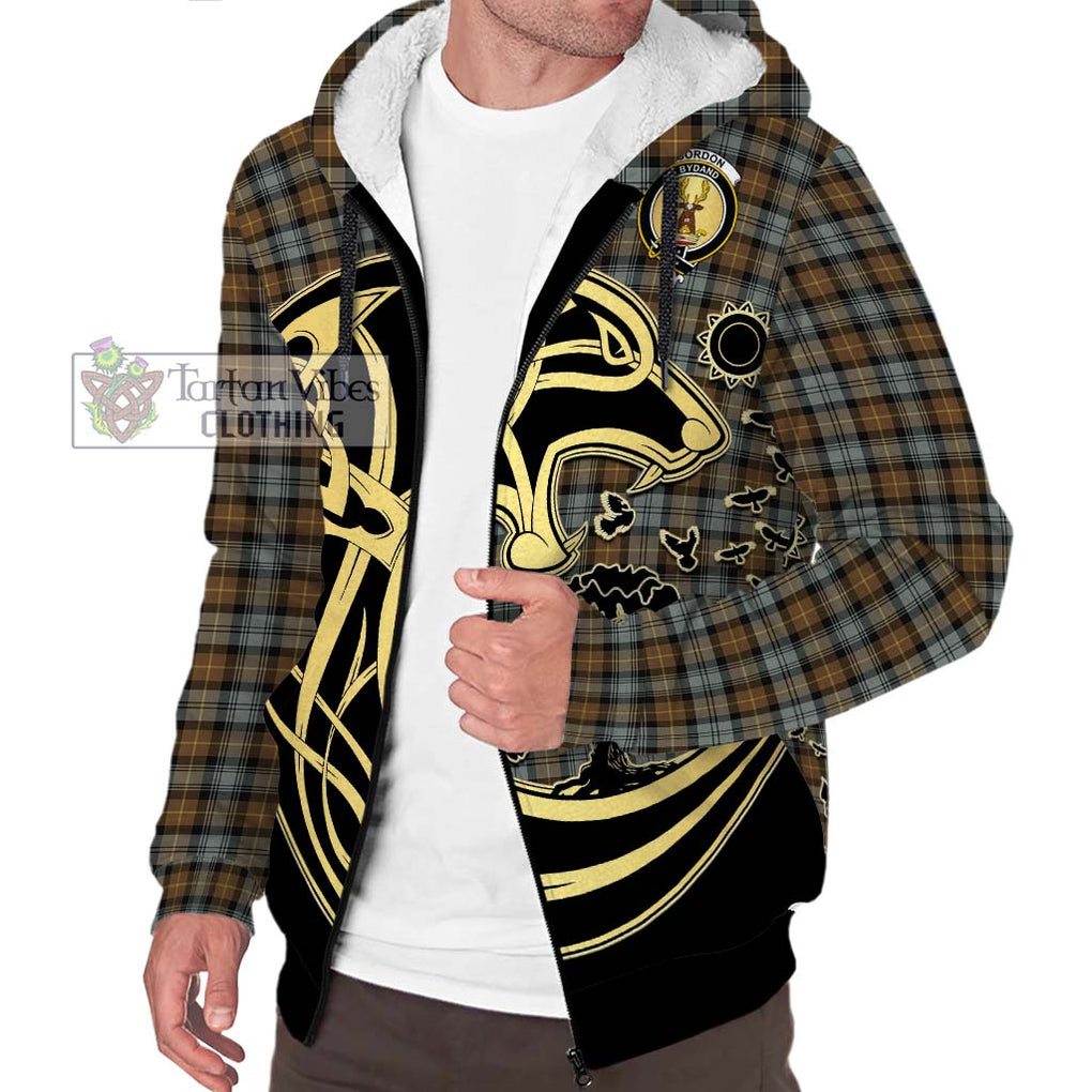 Gordon Weathered Tartan Sherpa Hoodie with Family Crest Celtic Wolf Style Unisex S - Tartan Vibes Clothing