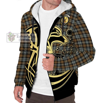 Gordon Weathered Tartan Sherpa Hoodie with Family Crest Celtic Wolf Style