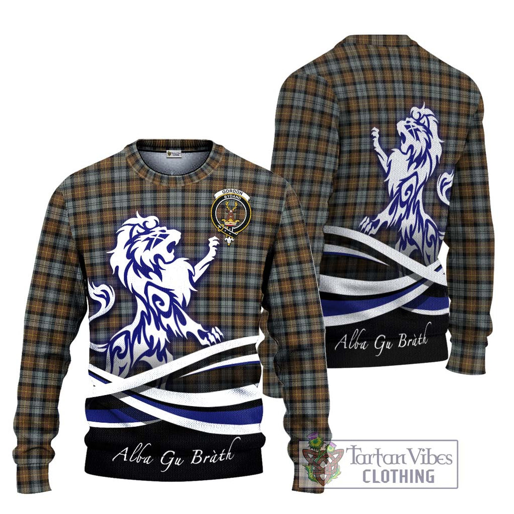 Gordon Weathered Tartan Knitted Sweater with Alba Gu Brath Regal Lion Emblem Unisex - Tartanvibesclothing Shop