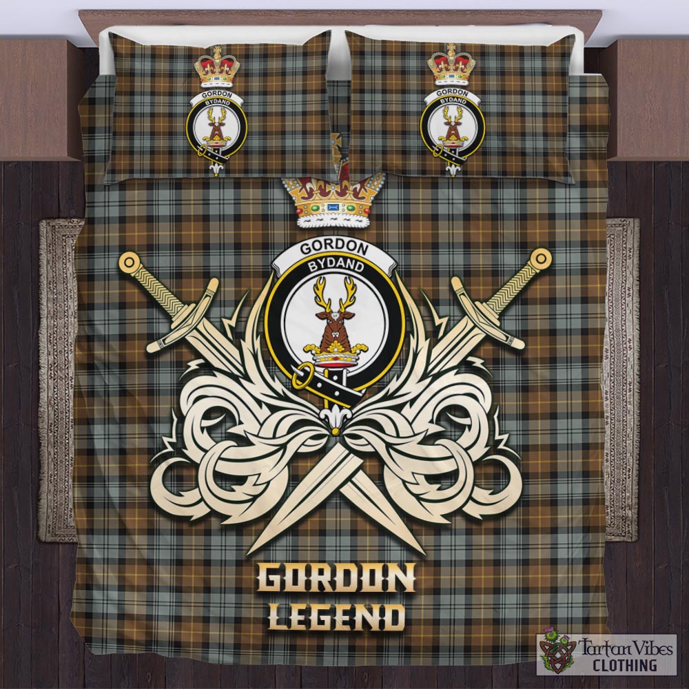 Tartan Vibes Clothing Gordon Weathered Tartan Bedding Set with Clan Crest and the Golden Sword of Courageous Legacy