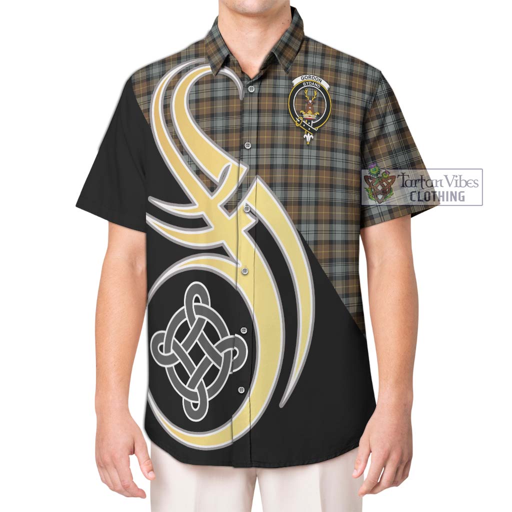 Gordon Weathered Tartan Short Sleeve Button Shirt with Family Crest and Celtic Symbol Style Kid - Tartan Vibes Clothing