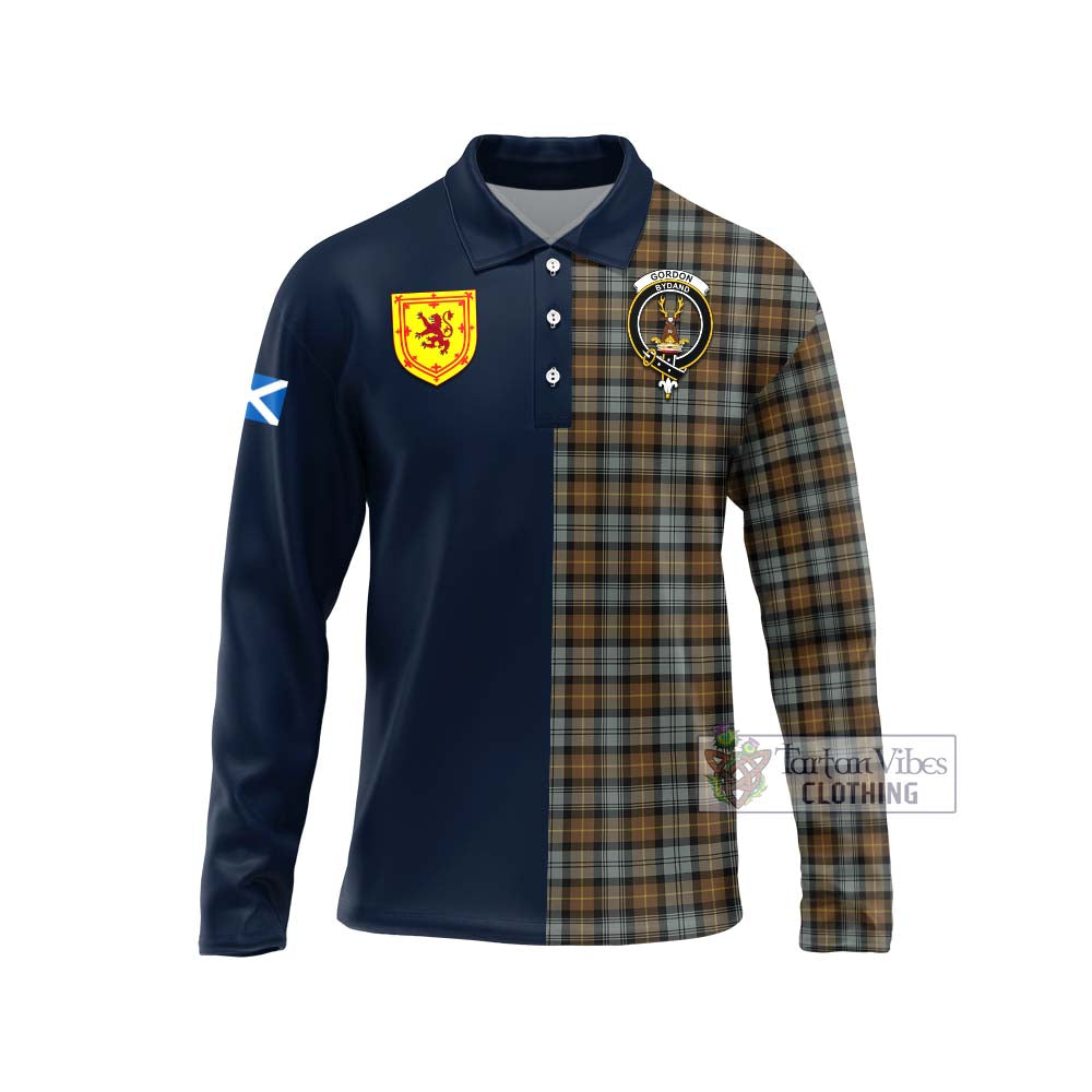 Tartan Vibes Clothing Gordon Weathered Tartan Long Sleeve Polo Shirt with Scottish Lion Royal Arm Half Style