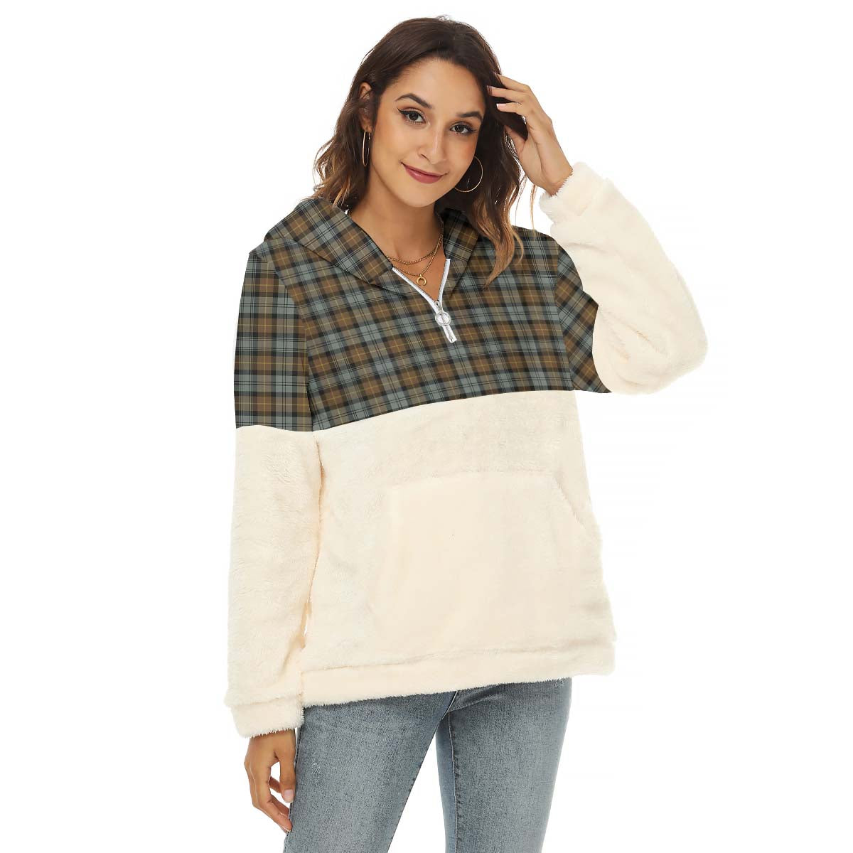 Gordon Weathered Tartan Women's Borg Fleece Hoodie With Half Zip Female - Tartan Vibes Clothing