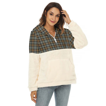 Gordon Weathered Tartan Women's Borg Fleece Hoodie With Half Zip