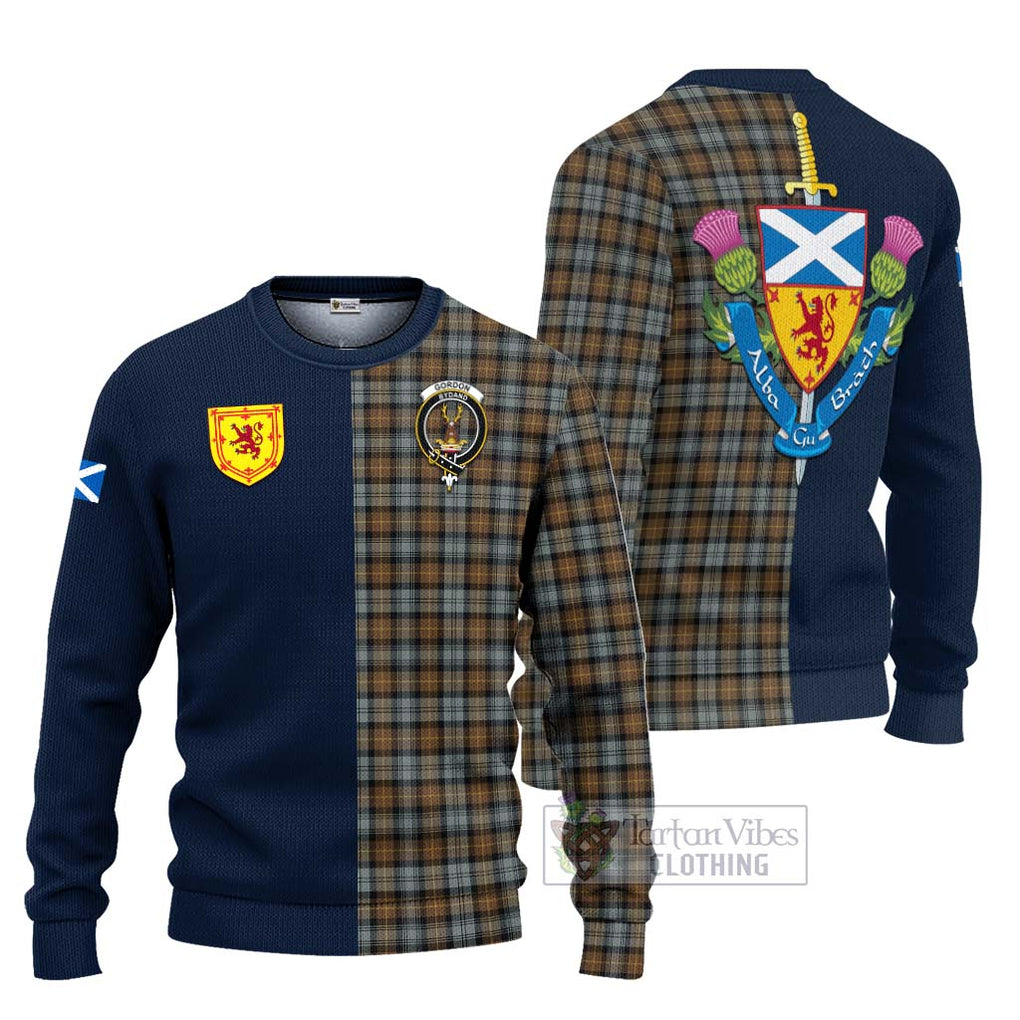 Tartan Vibes Clothing Gordon Weathered Tartan Knitted Sweater with Scottish Lion Royal Arm Half Style