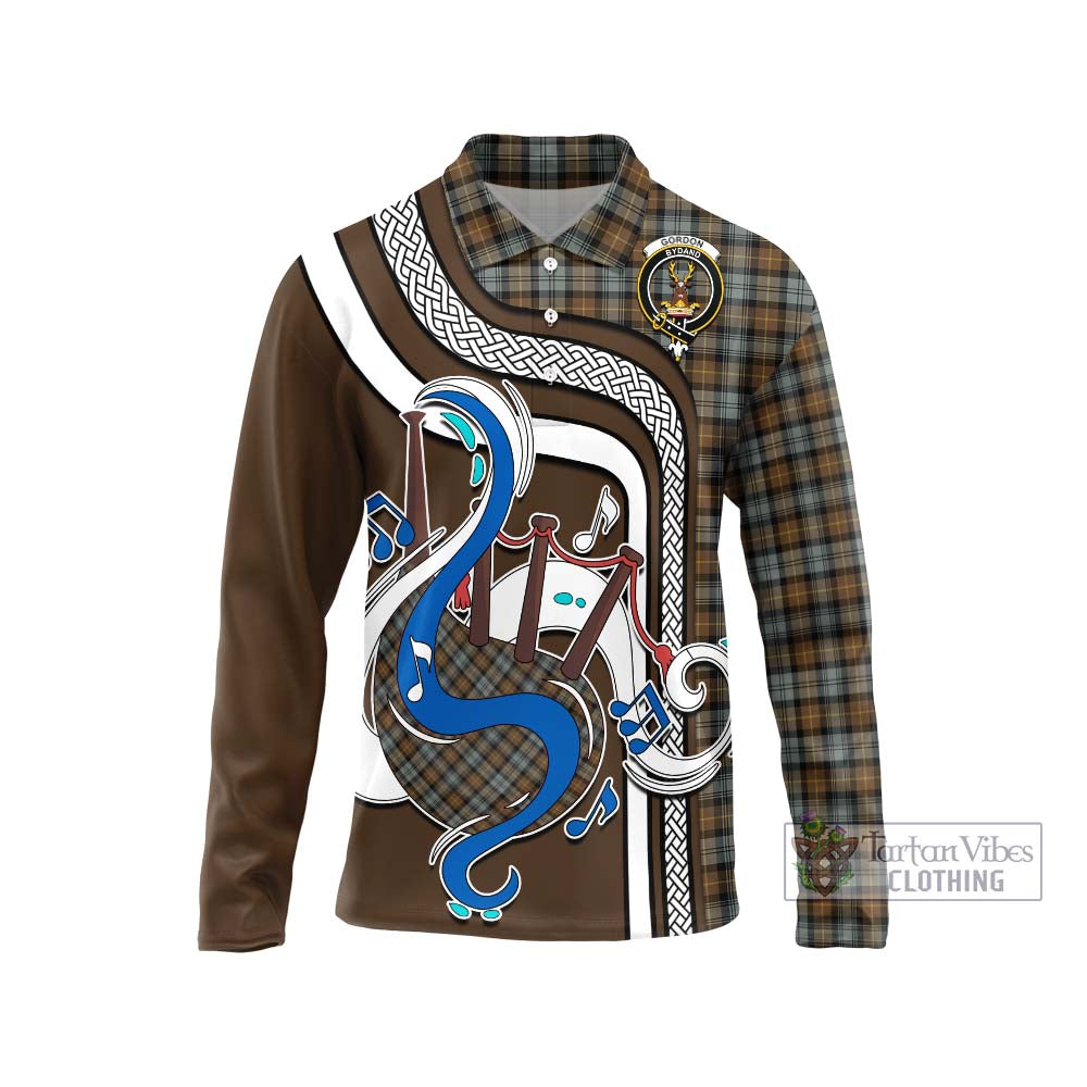 Tartan Vibes Clothing Gordon Weathered Tartan Long Sleeve Polo Shirt with Epic Bagpipe Style