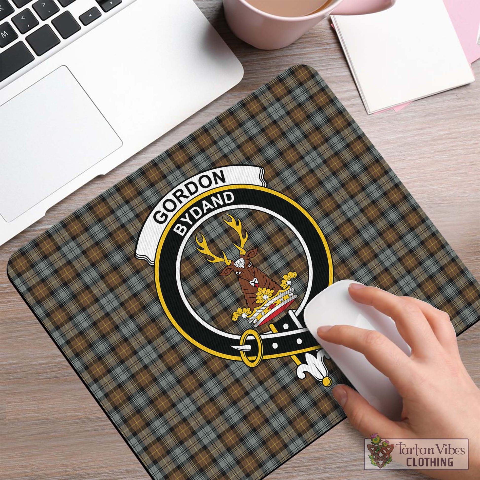 Tartan Vibes Clothing Gordon Weathered Tartan Mouse Pad with Family Crest