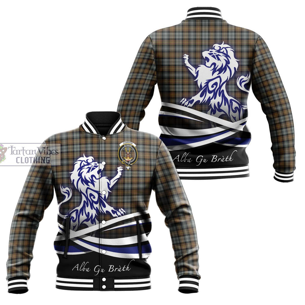 Gordon Weathered Tartan Baseball Jacket with Alba Gu Brath Regal Lion Emblem Unisex - Tartanvibesclothing Shop