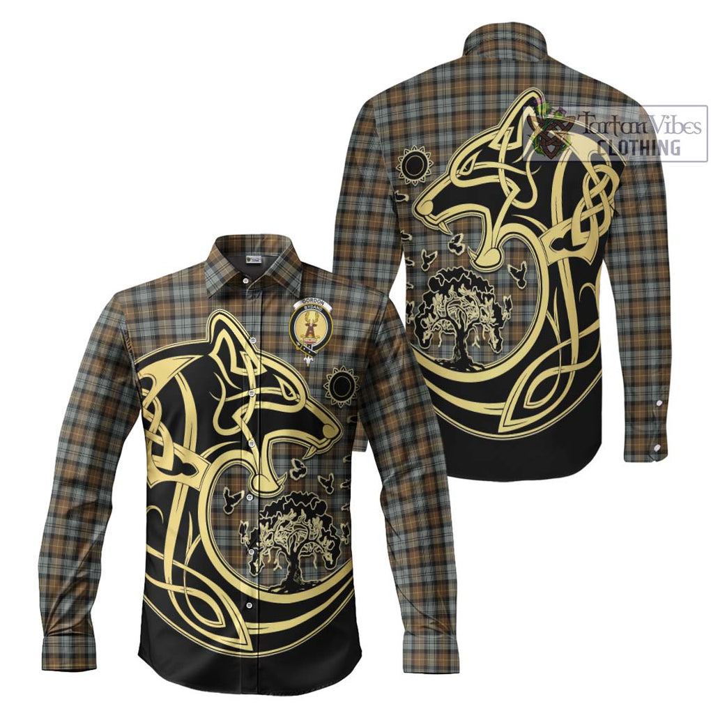 Gordon Weathered Tartan Long Sleeve Button Shirt with Family Crest Celtic Wolf Style Men's Shirt S - Tartan Vibes Clothing