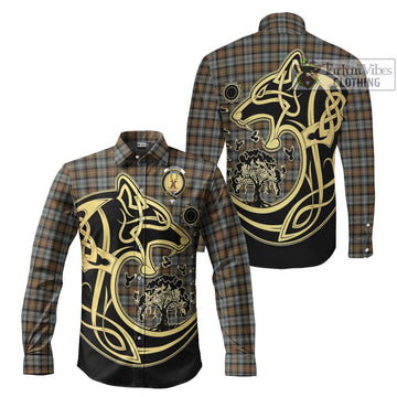 Gordon Weathered Tartan Long Sleeve Button Shirt with Family Crest Celtic Wolf Style