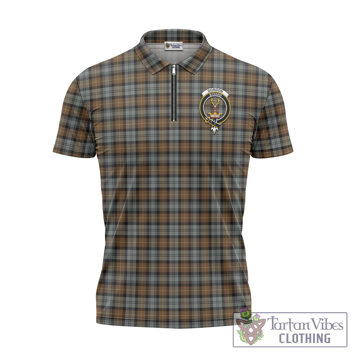 Tartan Vibes Clothing Gordon Weathered Tartan Zipper Polo Shirt with Family Crest