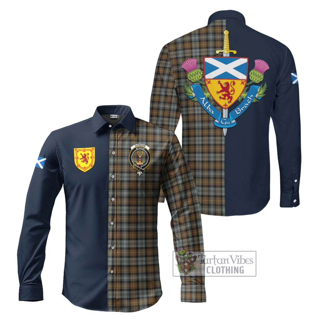 Tartan Vibes Clothing Gordon Weathered Tartan Long Sleeve Button Shirt with Scottish Lion Royal Arm Half Style