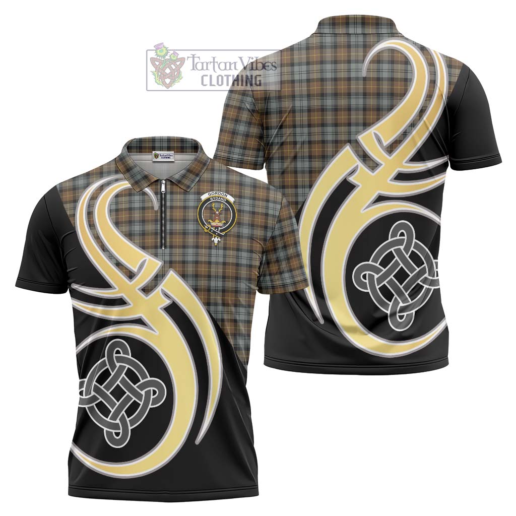 Tartan Vibes Clothing Gordon Weathered Tartan Zipper Polo Shirt with Family Crest and Celtic Symbol Style