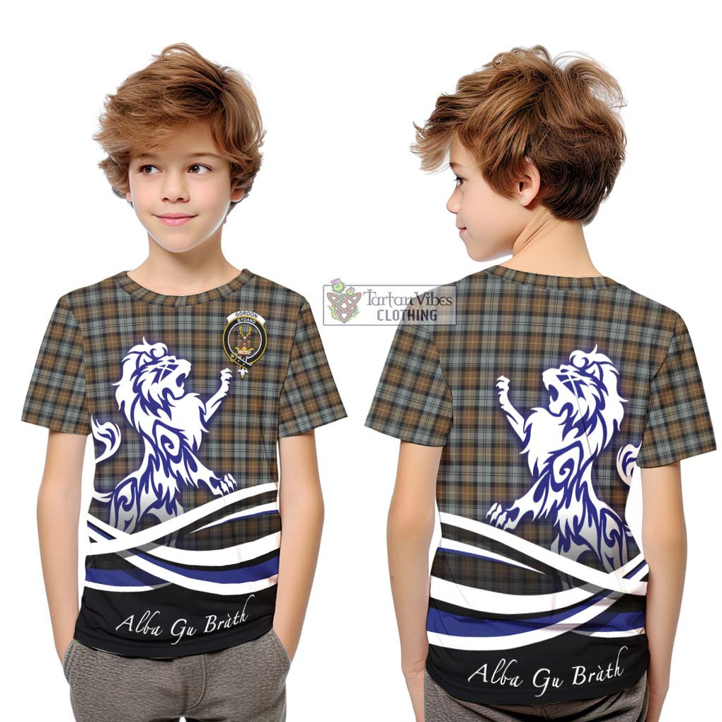 Gordon Weathered Tartan Kid T-Shirt with Alba Gu Brath Regal Lion Emblem Youth XL Size14 - Tartanvibesclothing Shop