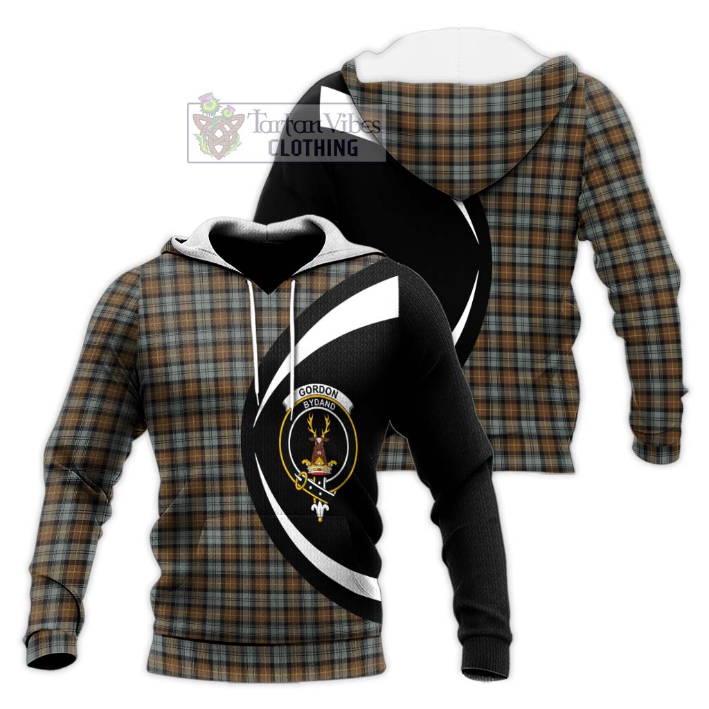 Gordon Weathered Tartan Knitted Hoodie with Family Crest Circle Style Unisex Knitted Pullover Hoodie - Tartan Vibes Clothing