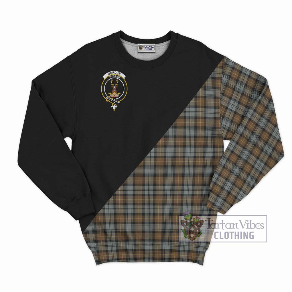 Gordon Weathered Tartan Sweatshirt with Family Crest and Military Logo Style - Tartanvibesclothing Shop