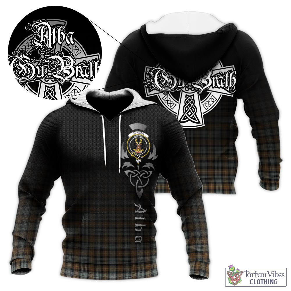 Tartan Vibes Clothing Gordon Weathered Tartan Knitted Hoodie Featuring Alba Gu Brath Family Crest Celtic Inspired