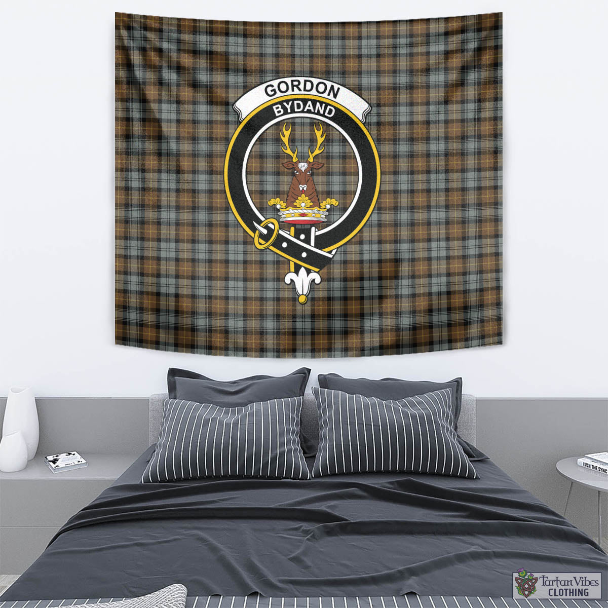 Tartan Vibes Clothing Gordon Weathered Tartan Tapestry Wall Hanging and Home Decor for Room with Family Crest