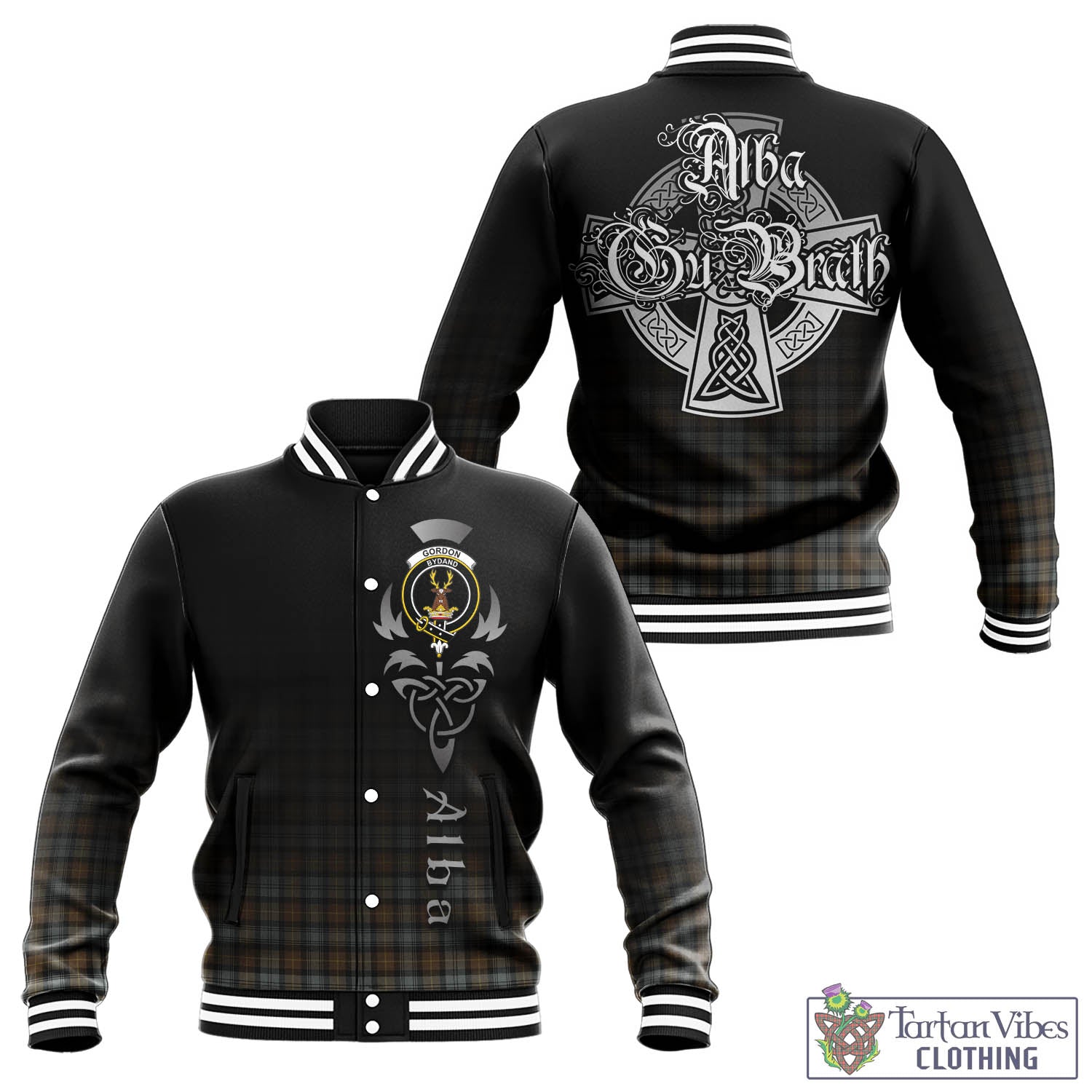 Tartan Vibes Clothing Gordon Weathered Tartan Baseball Jacket Featuring Alba Gu Brath Family Crest Celtic Inspired