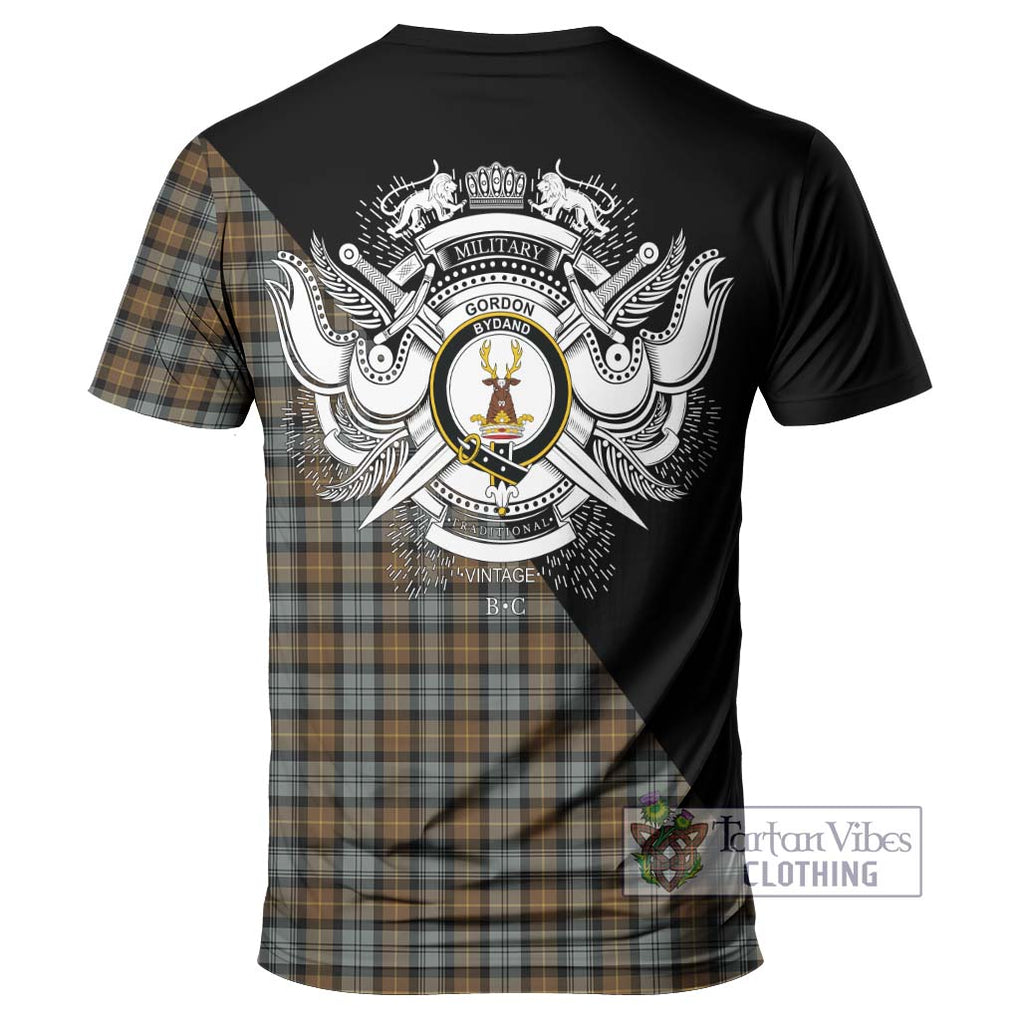 Gordon Weathered Tartan T-Shirt with Family Crest and Military Logo Style - Tartanvibesclothing Shop