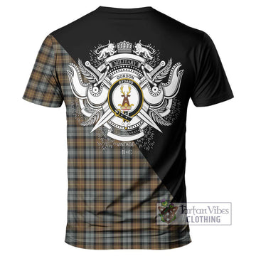 Gordon Weathered Tartan T-Shirt with Family Crest and Military Logo Style