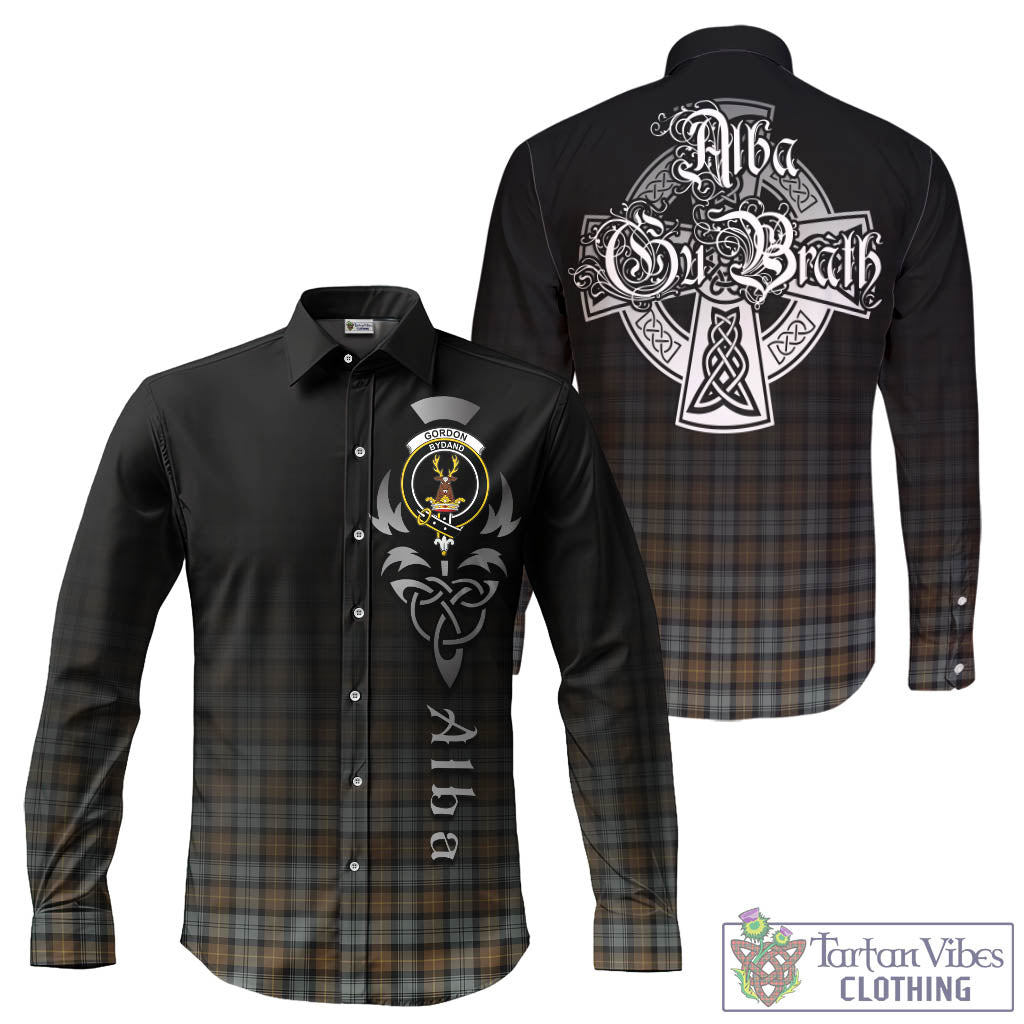 Tartan Vibes Clothing Gordon Weathered Tartan Long Sleeve Button Up Featuring Alba Gu Brath Family Crest Celtic Inspired