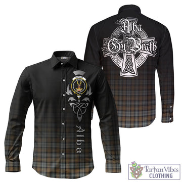 Gordon Weathered Tartan Long Sleeve Button Up Featuring Alba Gu Brath Family Crest Celtic Inspired