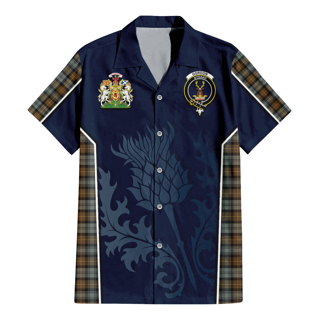 Tartan Vibes Clothing Gordon Weathered Tartan Short Sleeve Button Up Shirt with Family Crest and Scottish Thistle Vibes Sport Style