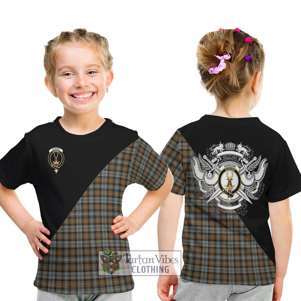 Gordon Weathered Tartan Kid T-Shirt with Family Crest and Military Logo Style - Tartanvibesclothing Shop