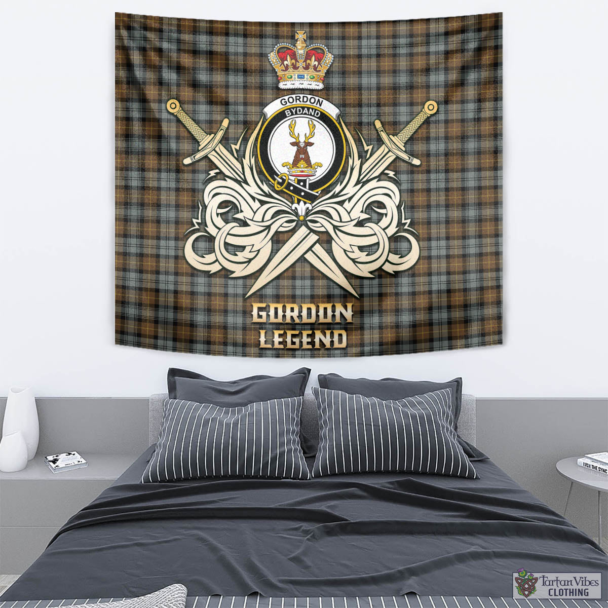 Tartan Vibes Clothing Gordon Weathered Tartan Tapestry with Clan Crest and the Golden Sword of Courageous Legacy