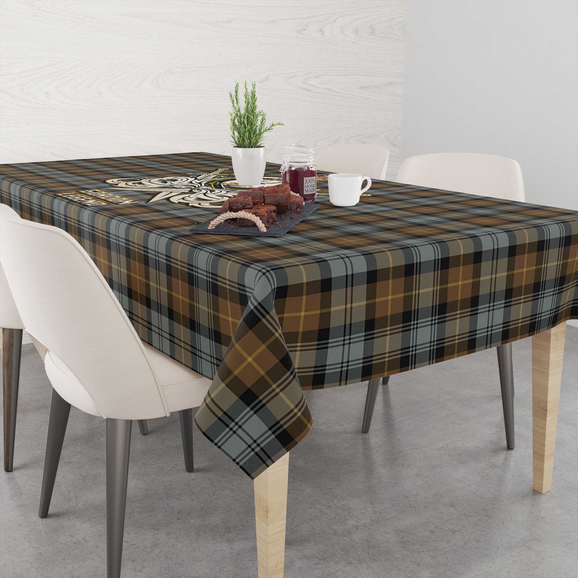 Tartan Vibes Clothing Gordon Weathered Tartan Tablecloth with Clan Crest and the Golden Sword of Courageous Legacy