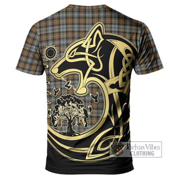 Gordon Weathered Tartan T-Shirt with Family Crest Celtic Wolf Style