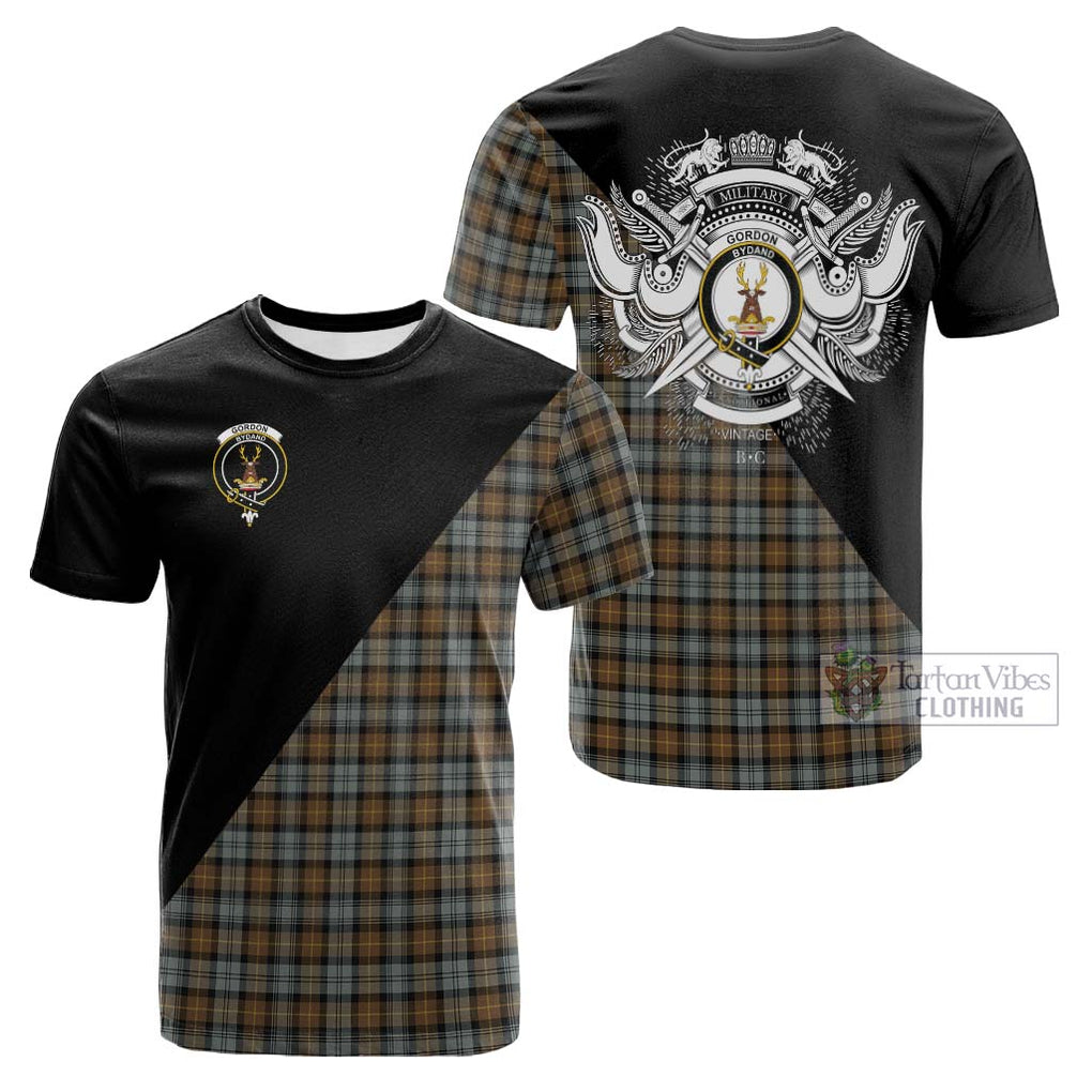 Tartan Vibes Clothing Gordon Weathered Tartan Cotton T-shirt with Family Crest and Military Logo Style