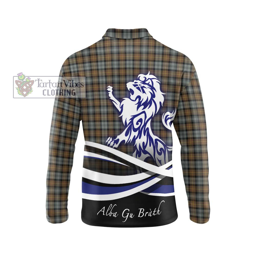 Gordon Weathered Tartan Long Sleeve Polo Shirt with Alba Gu Brath Regal Lion Emblem - Tartanvibesclothing Shop