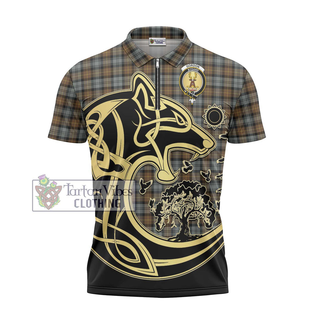 Gordon Weathered Tartan Zipper Polo Shirt with Family Crest Celtic Wolf Style - Tartanvibesclothing Shop