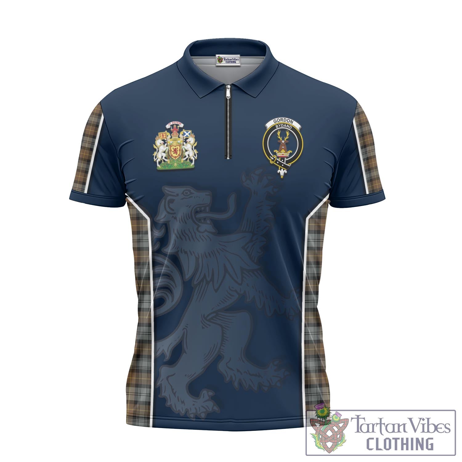 Tartan Vibes Clothing Gordon Weathered Tartan Zipper Polo Shirt with Family Crest and Lion Rampant Vibes Sport Style