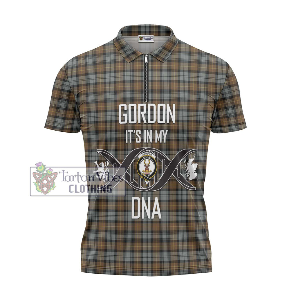 Gordon Weathered Tartan Zipper Polo Shirt with Family Crest DNA In Me Style - Tartanvibesclothing Shop