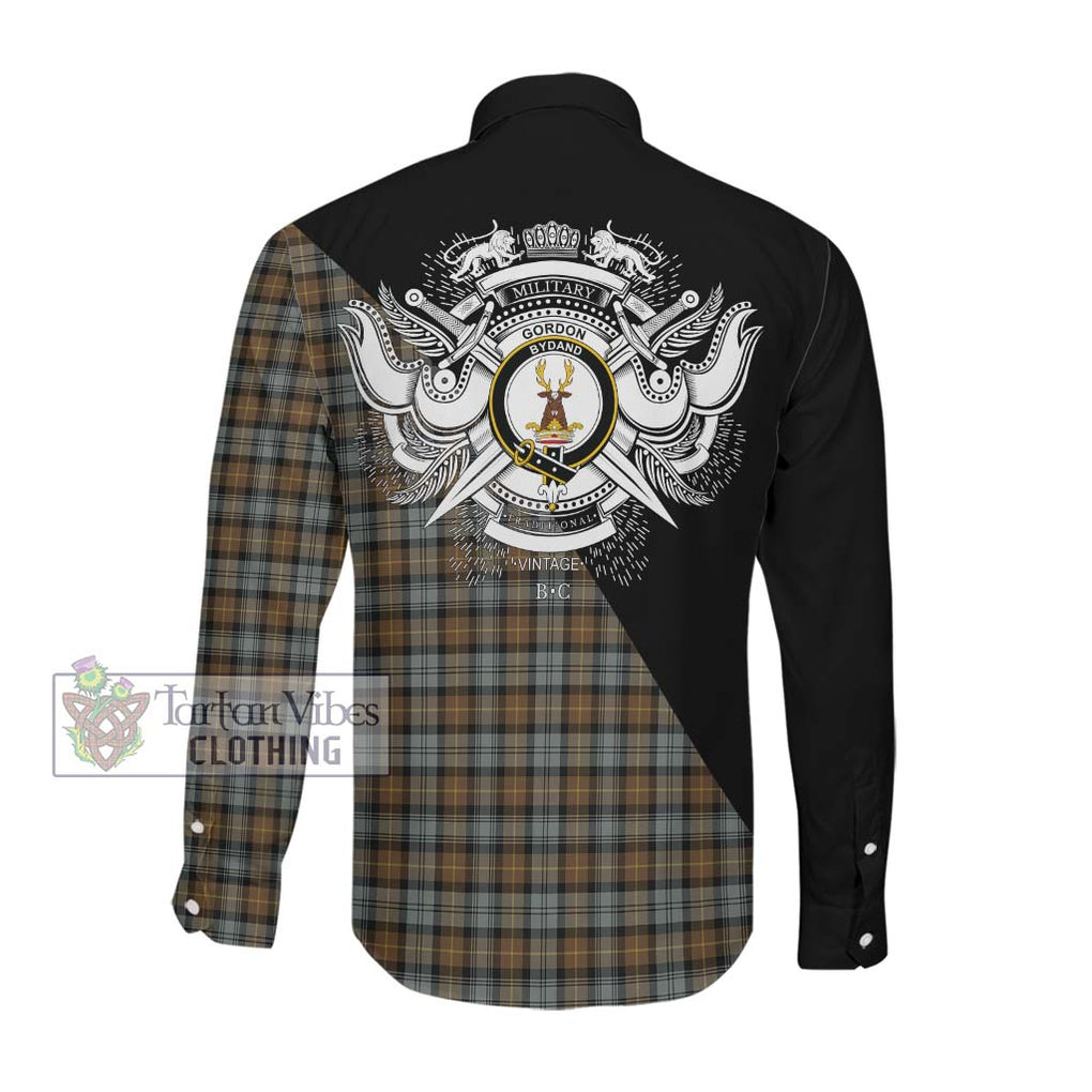 Gordon Weathered Tartan Long Sleeve Button Shirt with Family Crest and Military Logo Style Men's Shirt - Tartanvibesclothing Shop