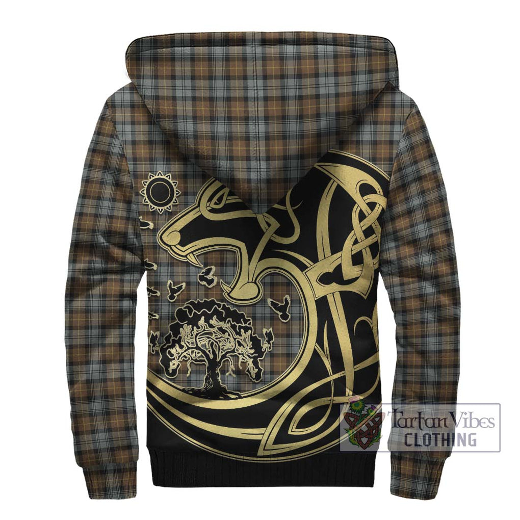 Gordon Weathered Tartan Sherpa Hoodie with Family Crest Celtic Wolf Style - Tartan Vibes Clothing