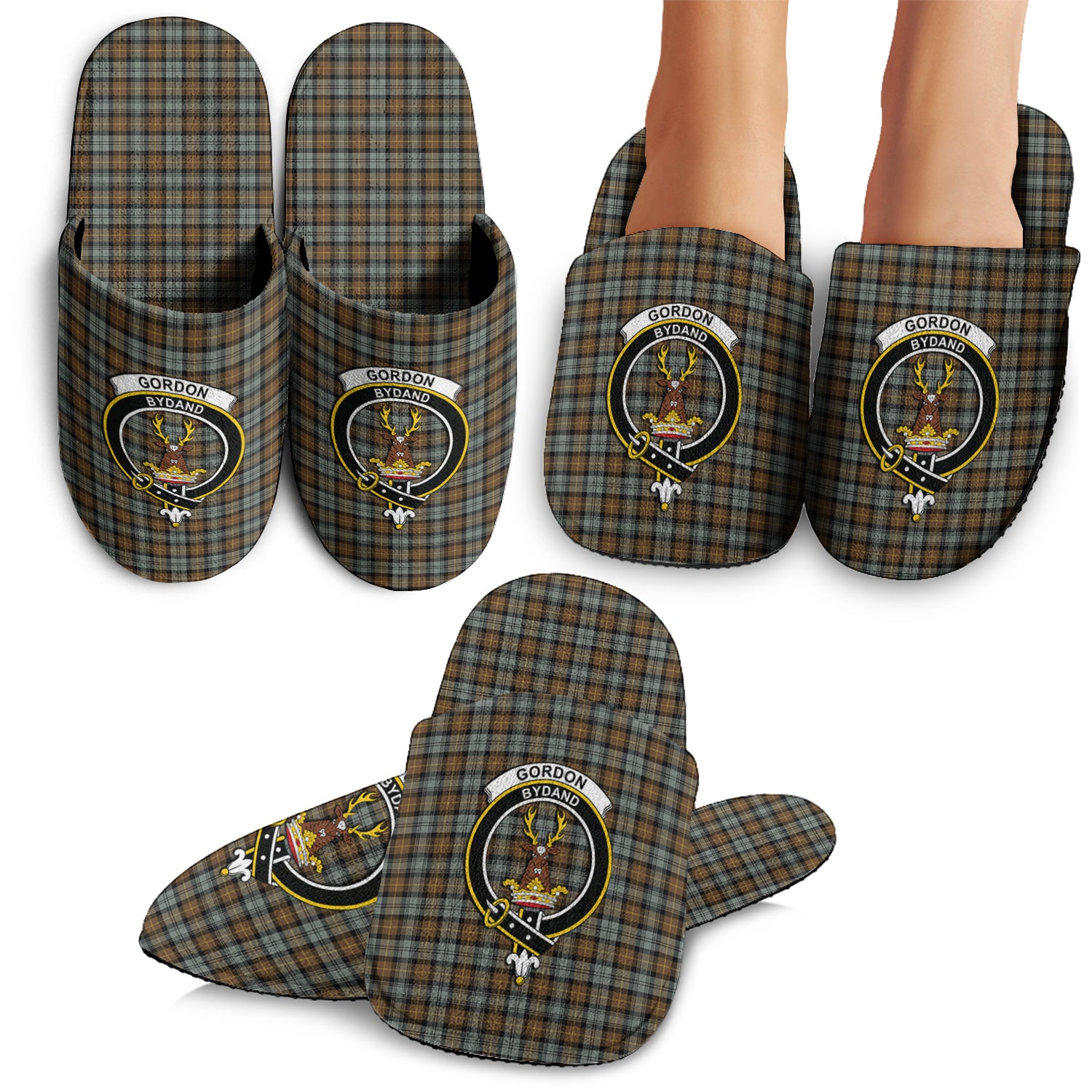 Gordon Weathered Tartan Home Slippers with Family Crest - Tartanvibesclothing