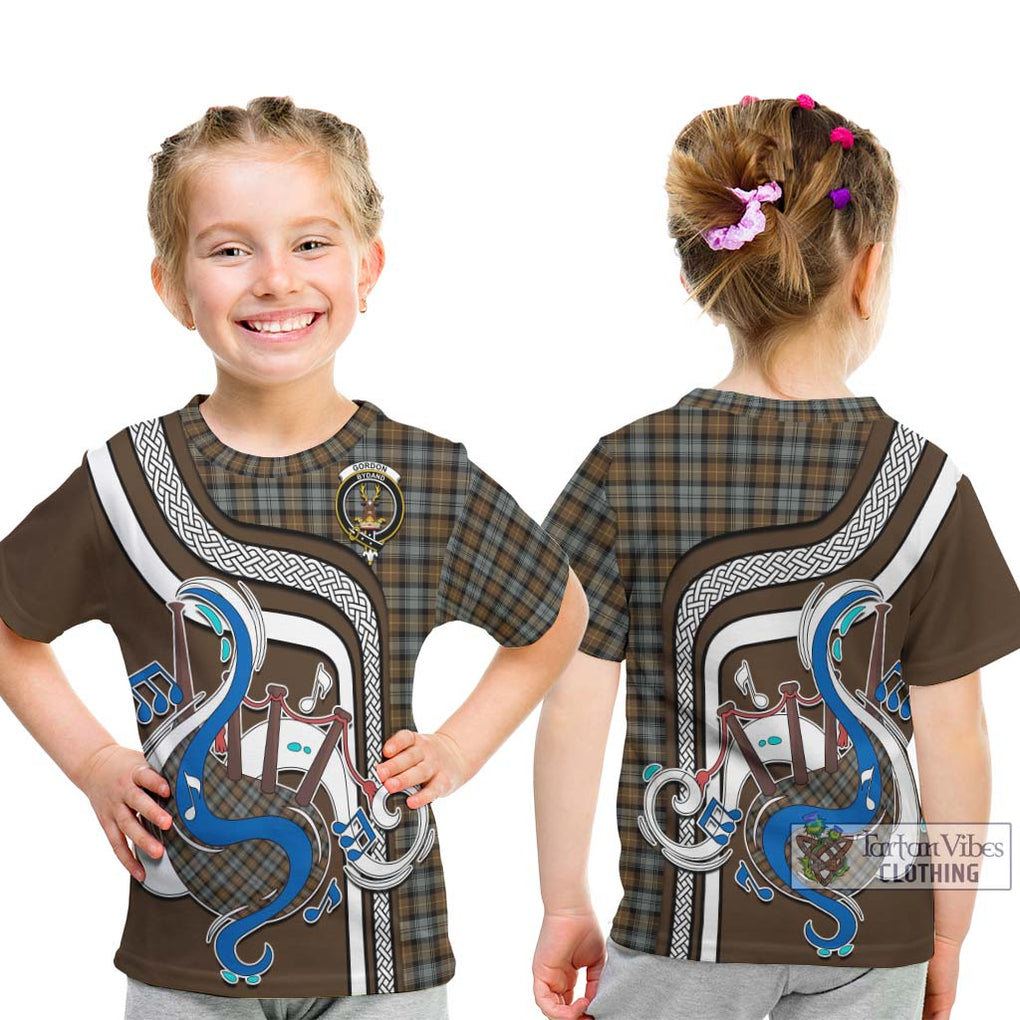 Tartan Vibes Clothing Gordon Weathered Tartan Kid T-Shirt with Epic Bagpipe Style