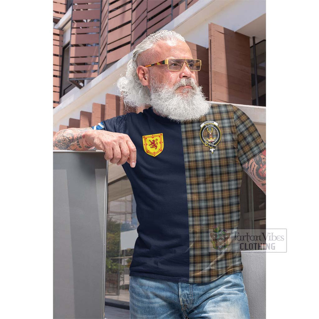 Tartan Vibes Clothing Gordon Weathered Tartan Cotton T-shirt with Scottish Lion Royal Arm Half Style