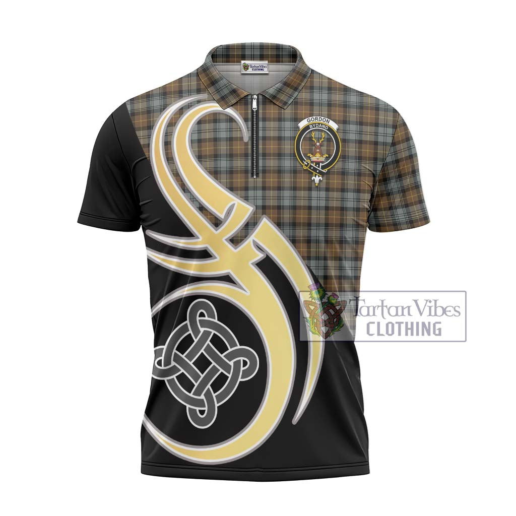 Tartan Vibes Clothing Gordon Weathered Tartan Zipper Polo Shirt with Family Crest and Celtic Symbol Style